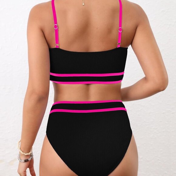 Women's High Waisted Bikini Ribbed Two Piece Swimsuit in Black & Pink, Size X-la - Picture 2 of 6